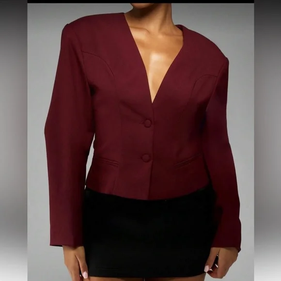 V neck burgundy maroon button front collarless blazer cardigan puff sleeve - Picture 5 of 5